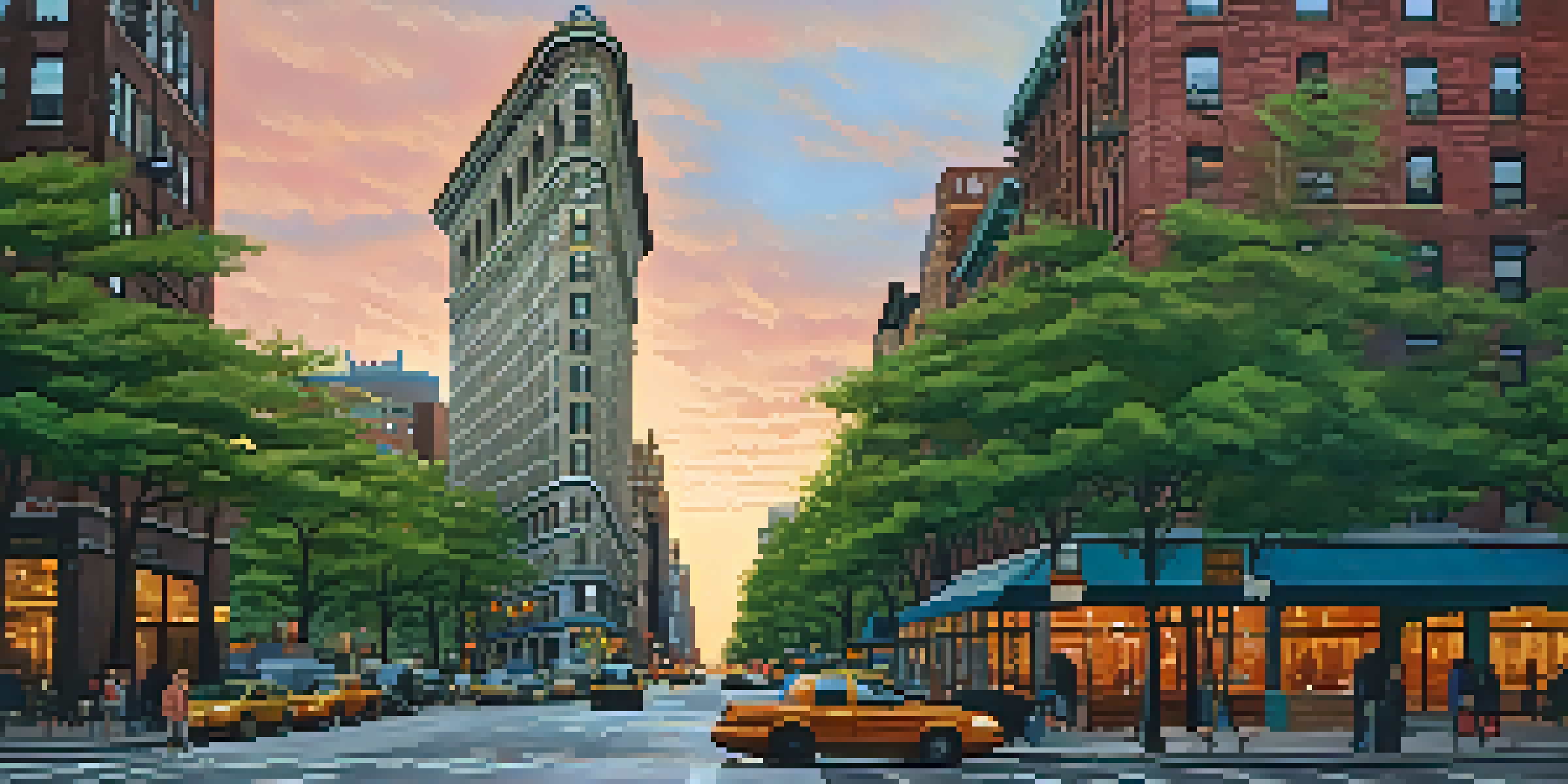 A photograph of the Flatiron Building at sunrise, emphasizing its triangular shape and architectural details, with people walking in the foreground.