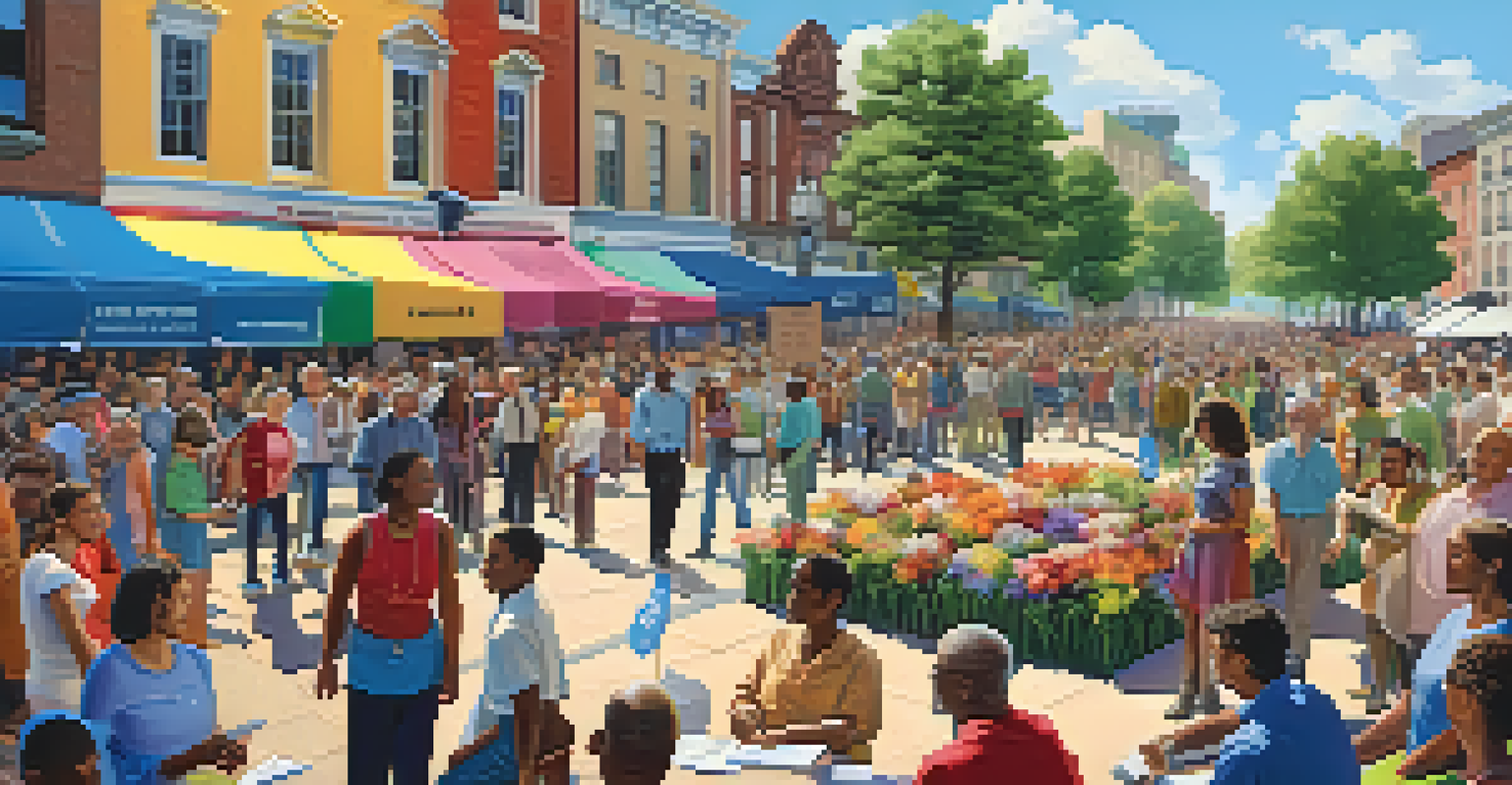 A lively town square filled with diverse people engaging in civic discussions and activities, surrounded by colorful flowers.