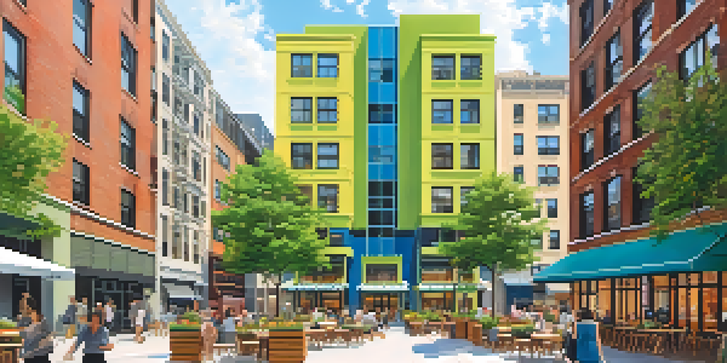 A lively urban scene depicting a mixed-use development in NYC, with residential buildings and shops bustling with people.