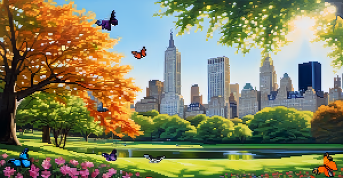 A lively depiction of butterflies in Central Park with the NYC skyline in the background.