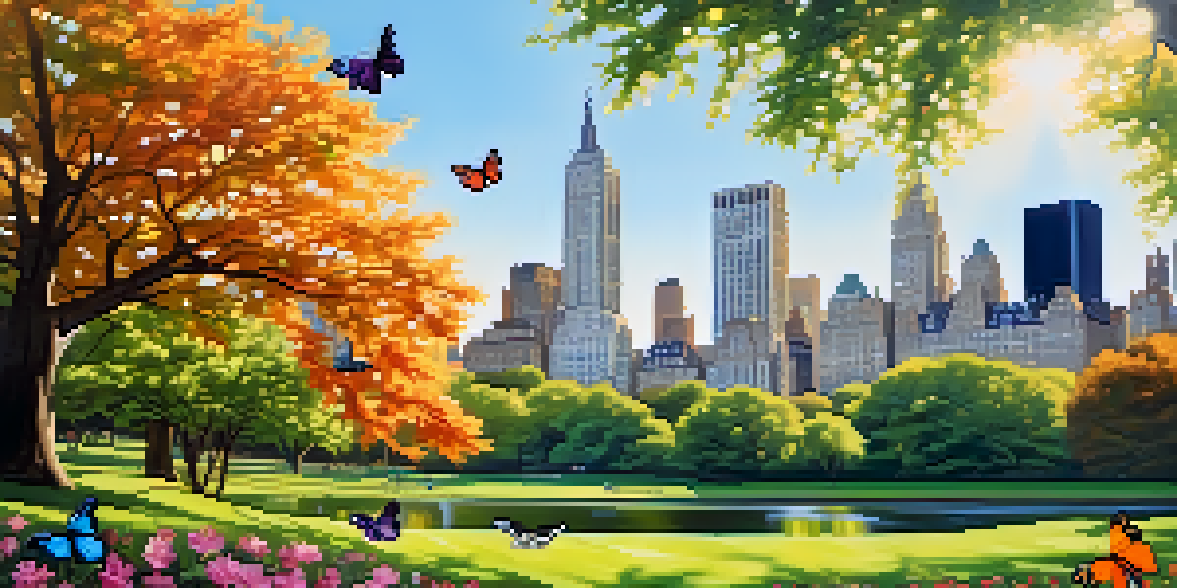 A lively depiction of butterflies in Central Park with the NYC skyline in the background.