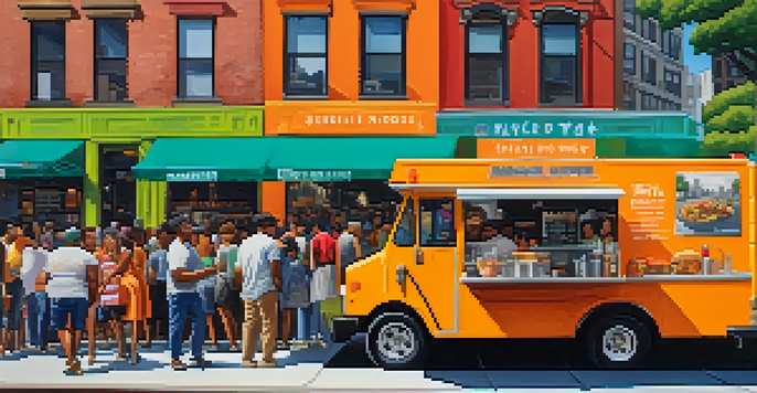 A busy street in New York City with a colorful food truck selling gourmet tacos and a diverse group of people enjoying their meals.