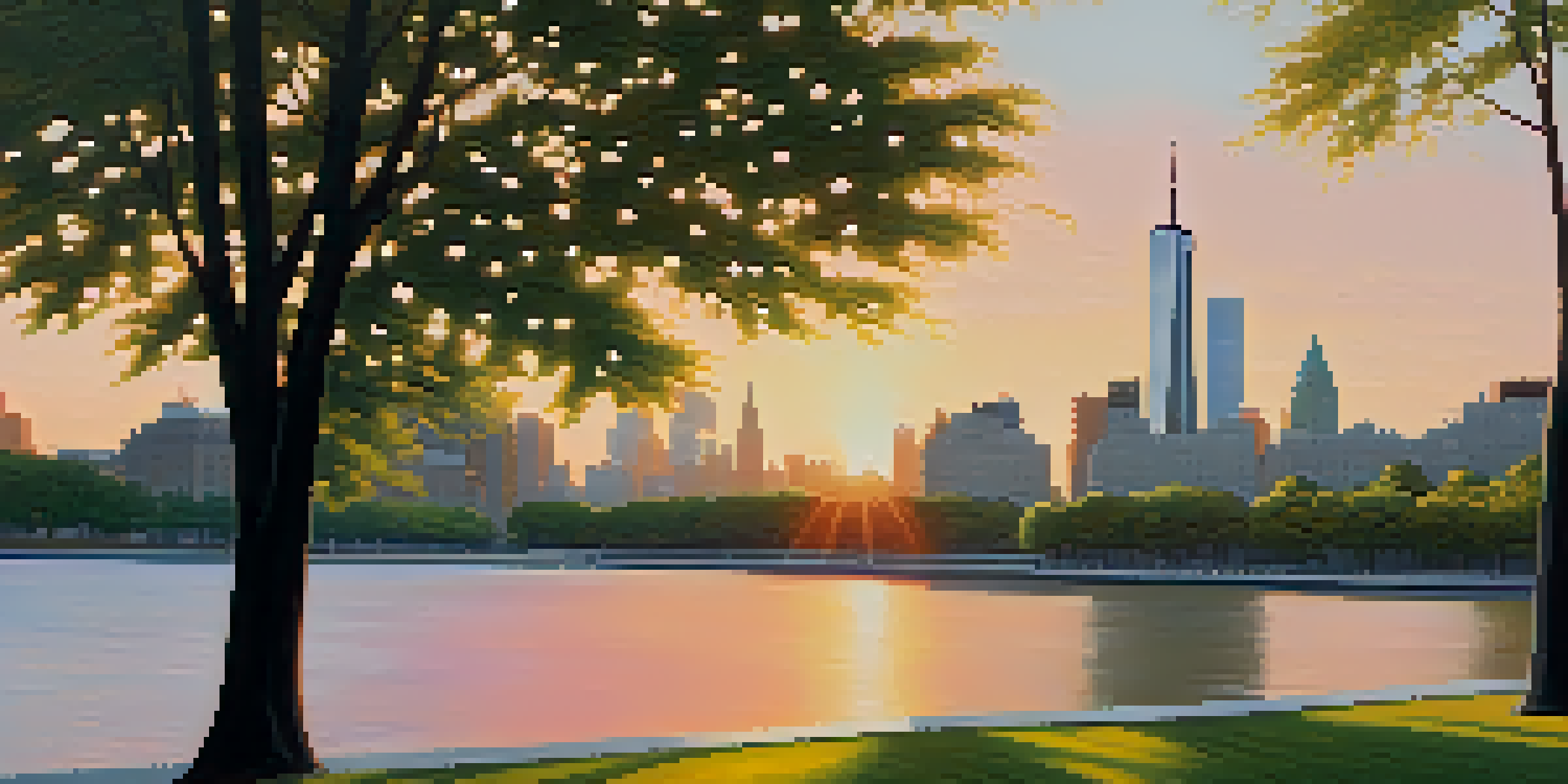 A tranquil park dedicated to Franklin D. Roosevelt, showcasing a monument surrounded by greenery and the Manhattan skyline at sunset.