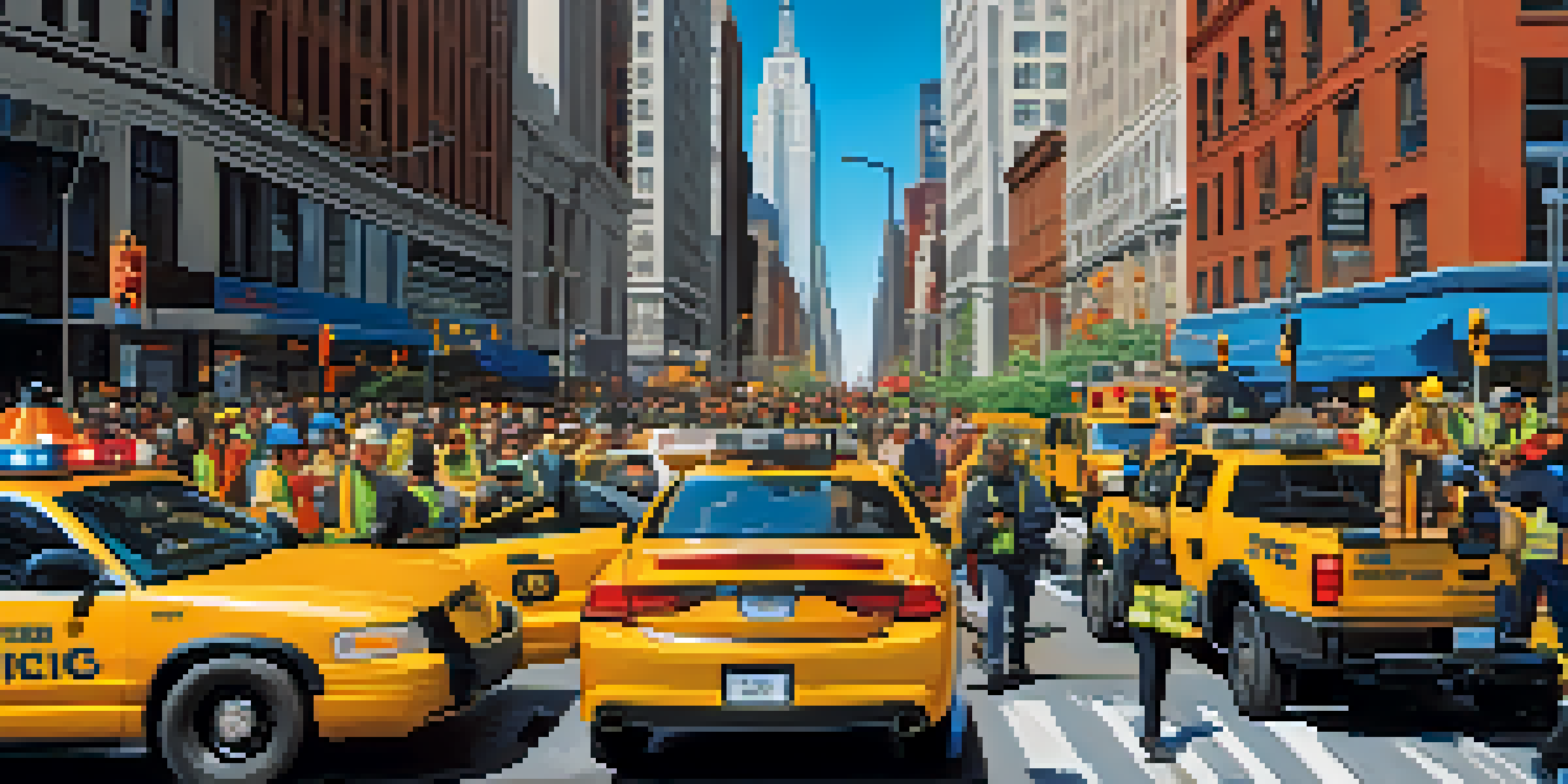 A busy New York City street with diverse people using smart technology during an emergency drill, featuring iconic buildings and a clear sky.