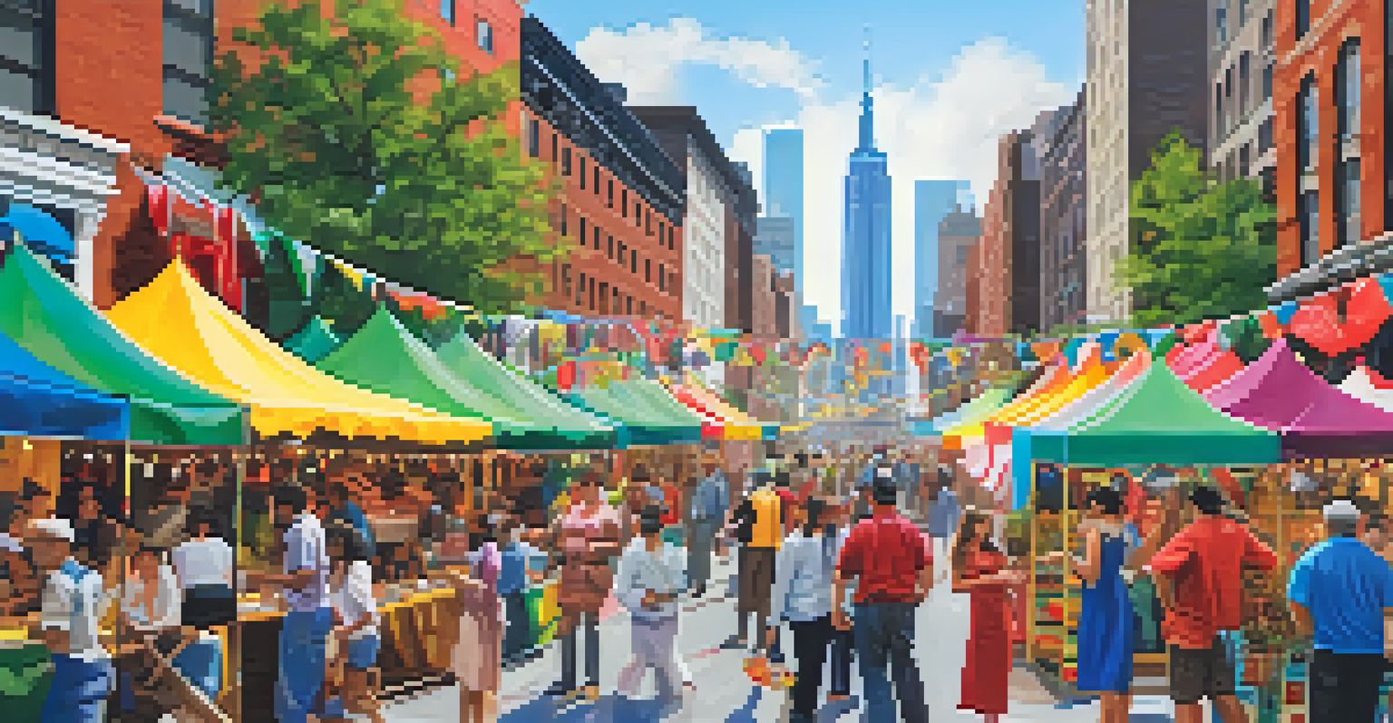 An outdoor cultural festival in New York City with colorful tents, local artists, and diverse attendees enjoying food and performances against iconic city architecture.