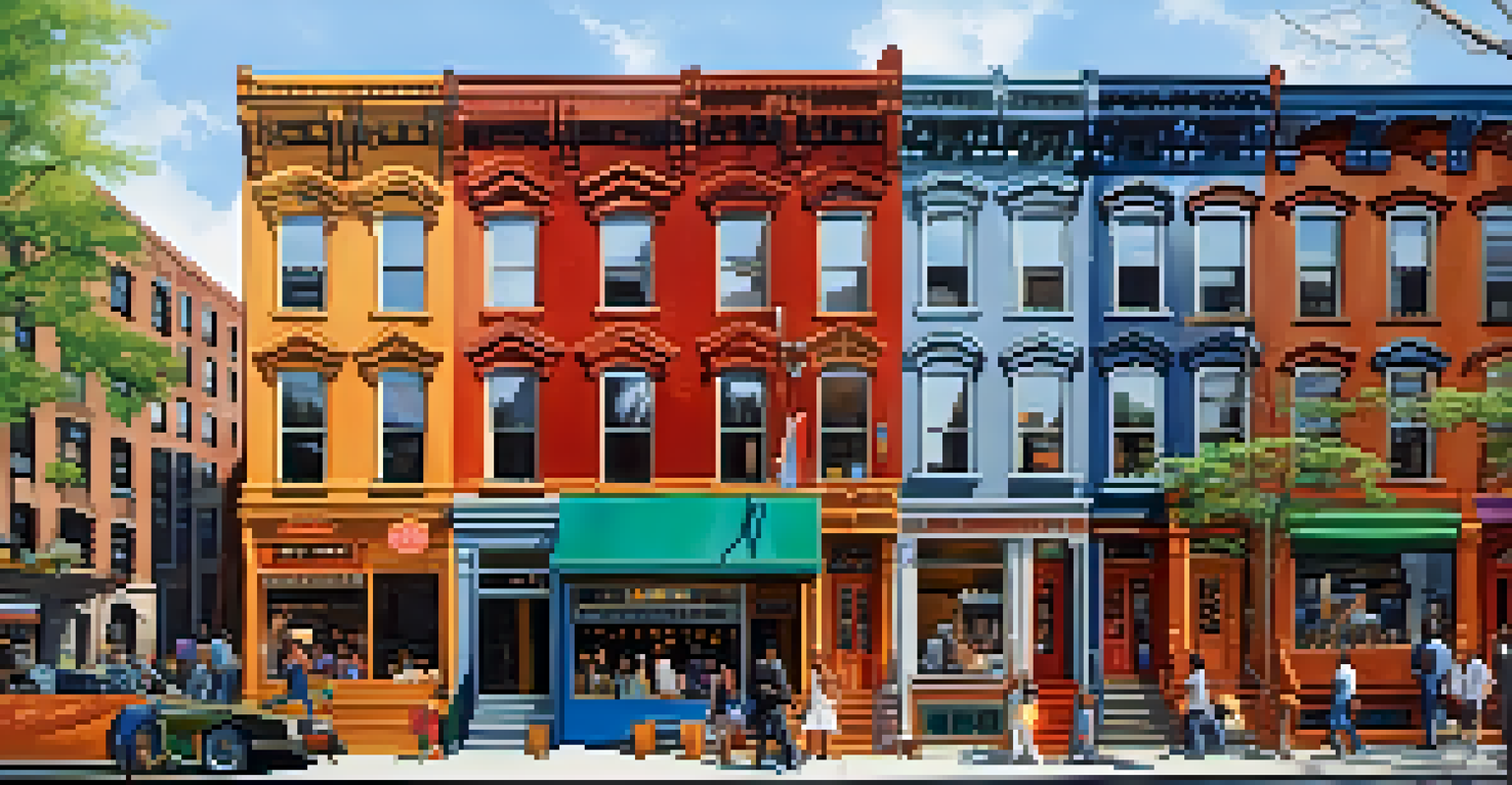 A vibrant modern street in Harlem with historic buildings, colorful murals, and people enjoying the outdoors, reflecting the neighborhood's diversity.