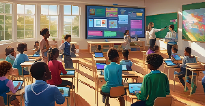 A diverse group of students in a bright classroom using AI-powered devices with a teacher guiding them.