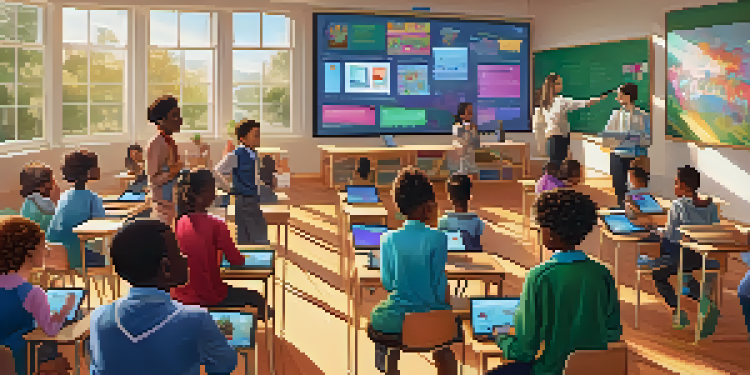 A diverse group of students in a bright classroom using AI-powered devices with a teacher guiding them.