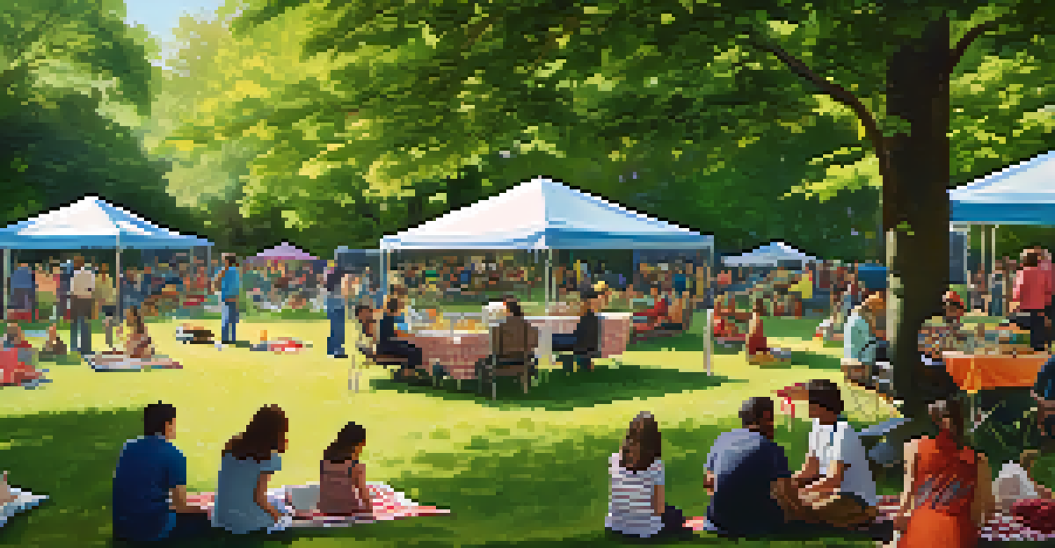 A park scene during a cultural festival in NYC with families sharing food and enjoying live music.