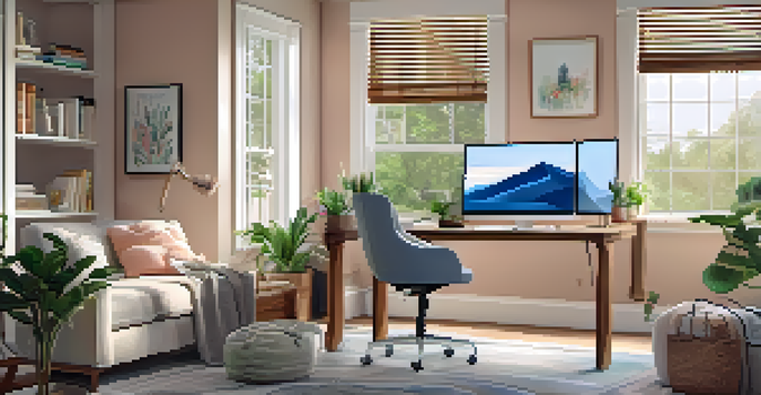 A well-lit home office with a wooden desk, laptop, houseplants, and family photo, showcasing a comfortable suburban living space.