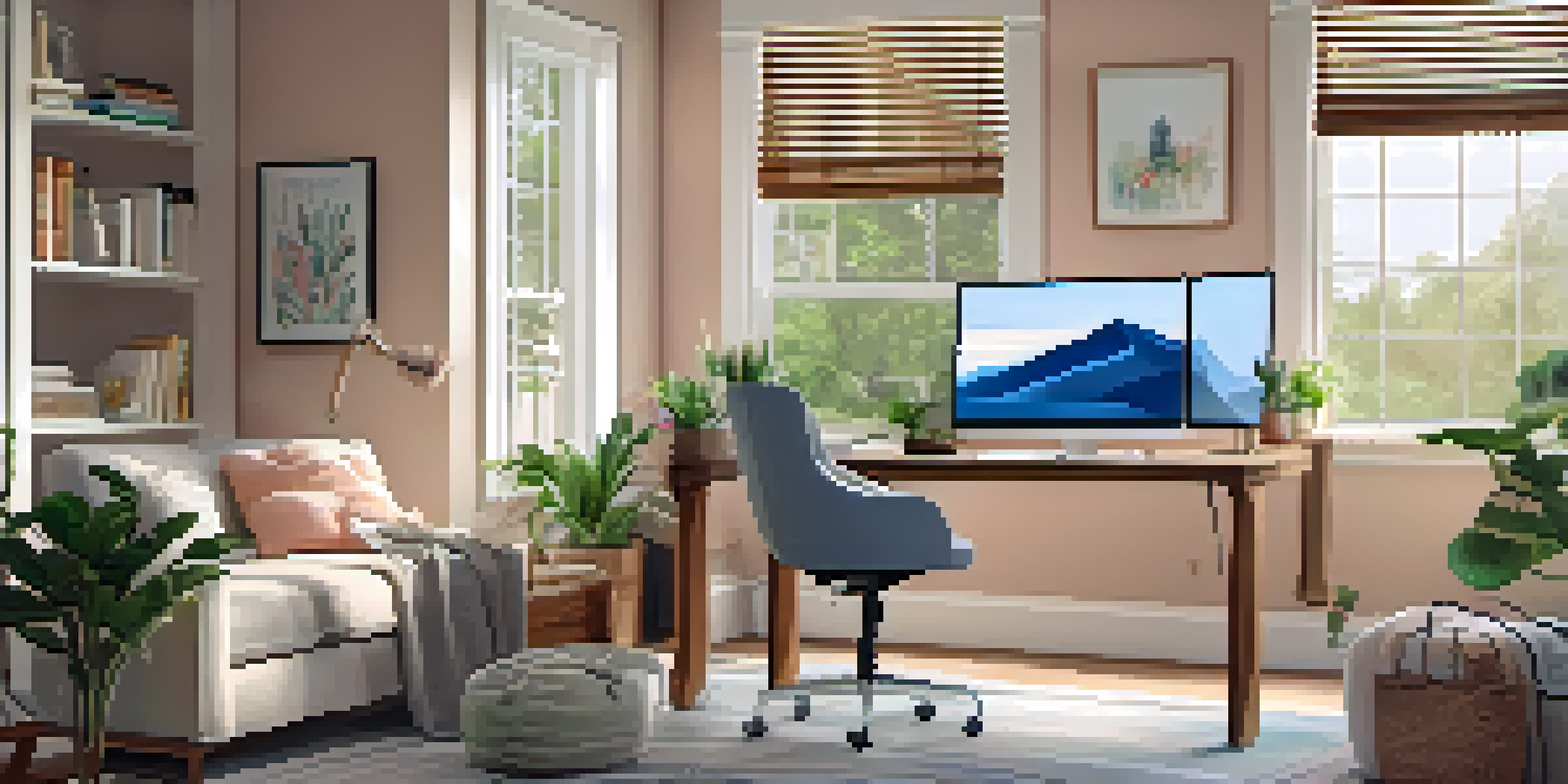 A well-lit home office with a wooden desk, laptop, houseplants, and family photo, showcasing a comfortable suburban living space.