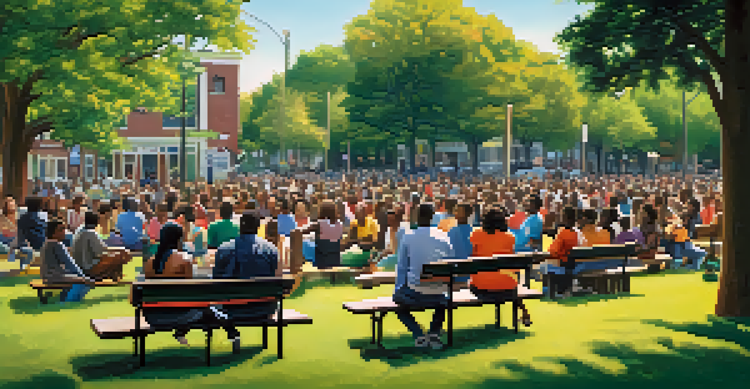 A diverse group of residents gathered in a park for a community meeting about neighborhood changes, with signs advocating for affordable housing.