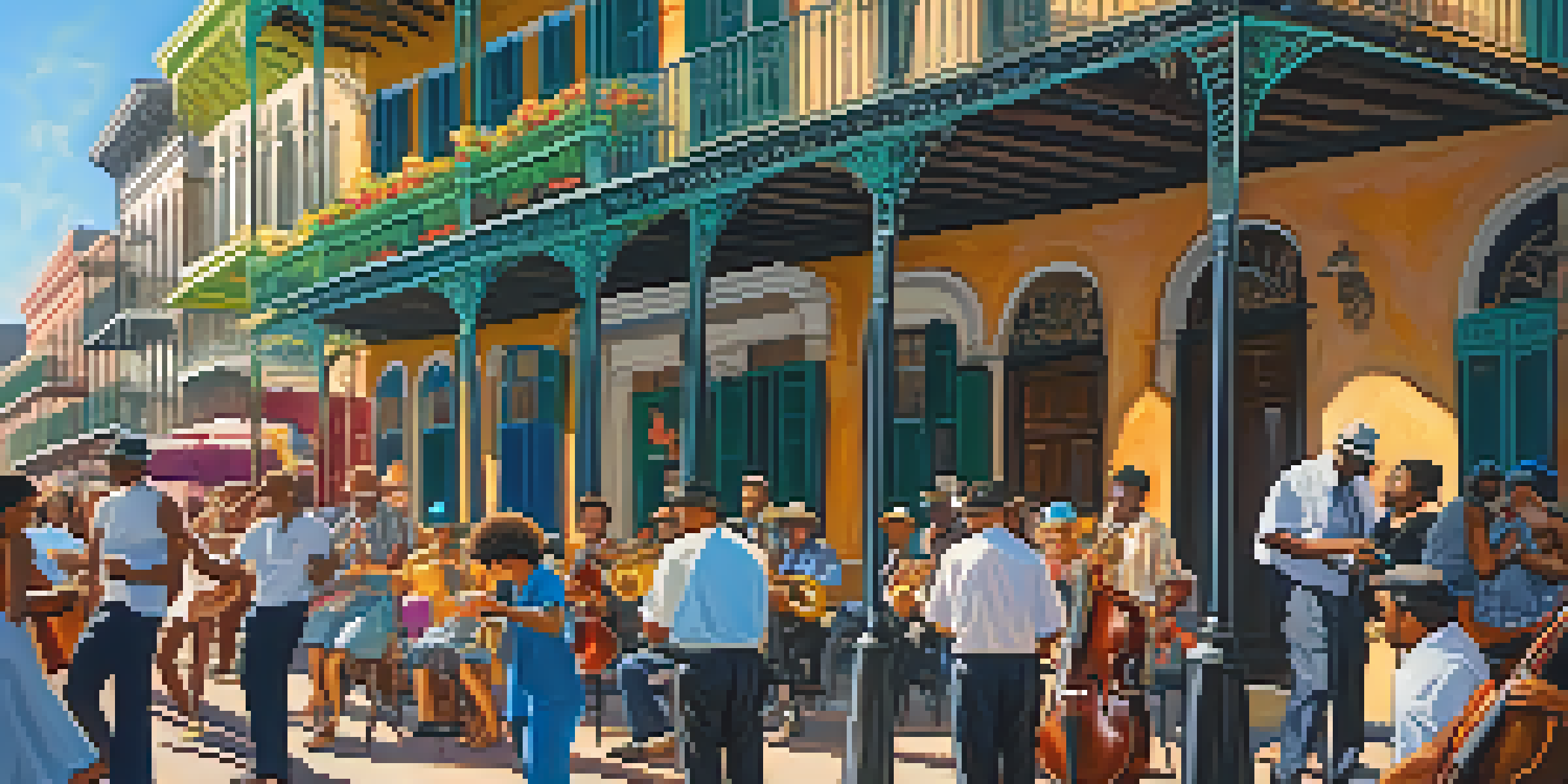 A vibrant street scene in New Orleans with jazz musicians performing and a crowd enjoying the music, surrounded by colorful historic buildings.