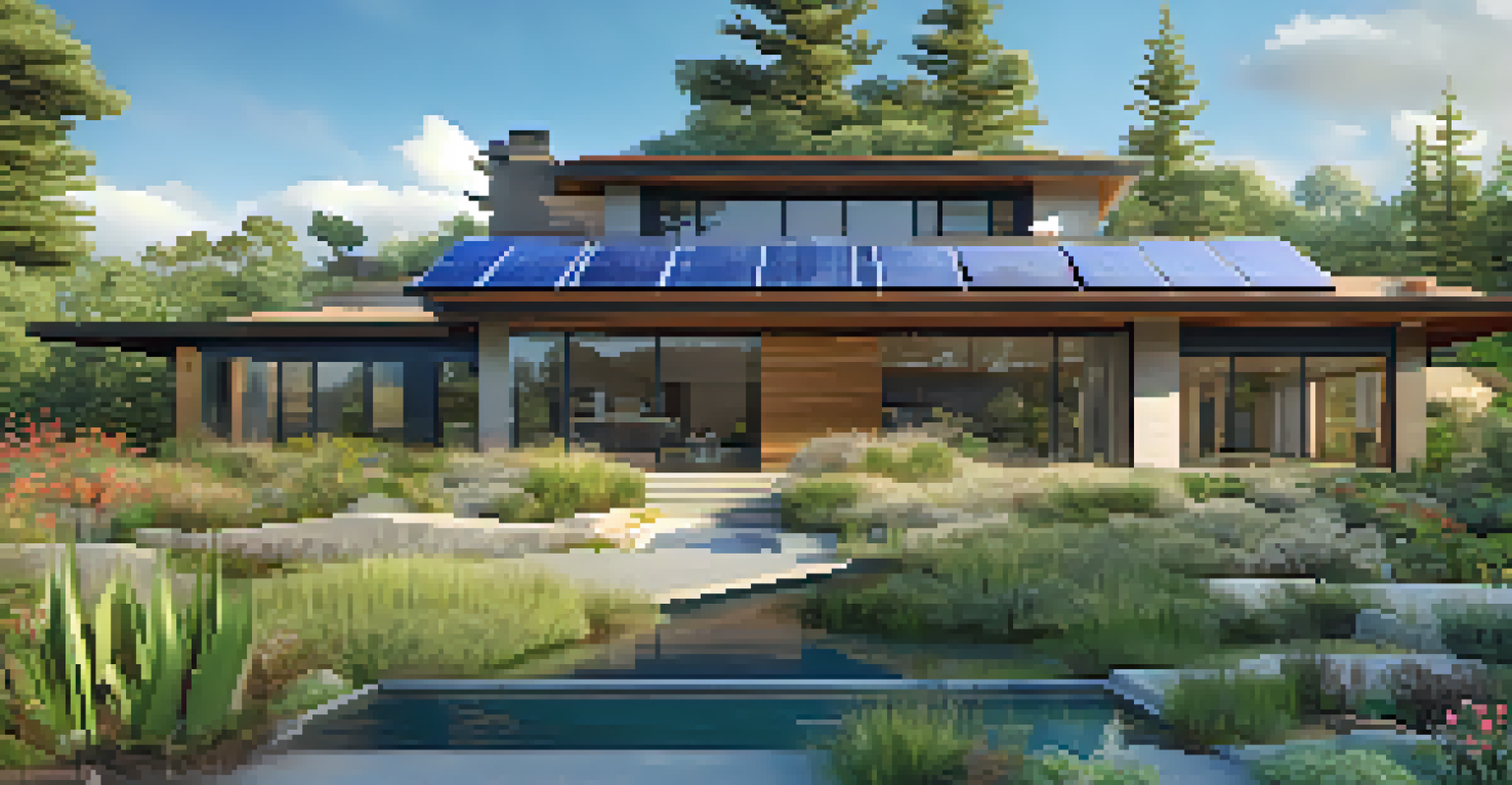 An eco-friendly luxury home exterior with a green roof and solar panels, surrounded by a vibrant garden.