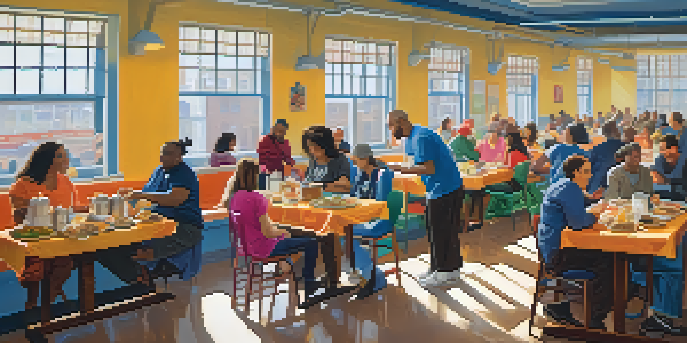 Volunteers serving meals to individuals in a New York City shelter, with sunlight streaming through windows and a warm atmosphere.