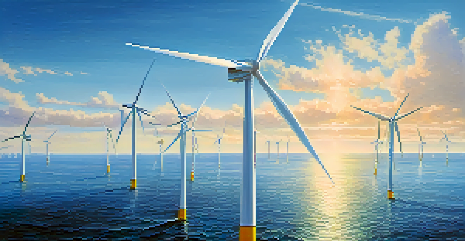 Aerial view of offshore wind farms with spinning turbines in the ocean and a clear blue sky.