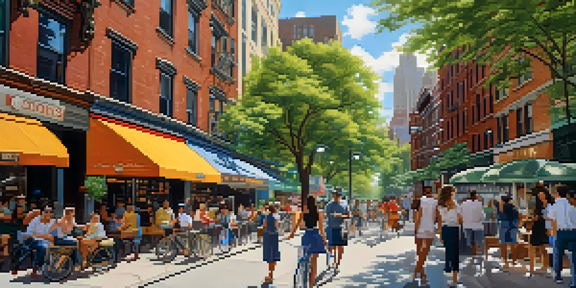 A bustling New York City street filled with diverse people and iconic buildings, under a clear blue sky.