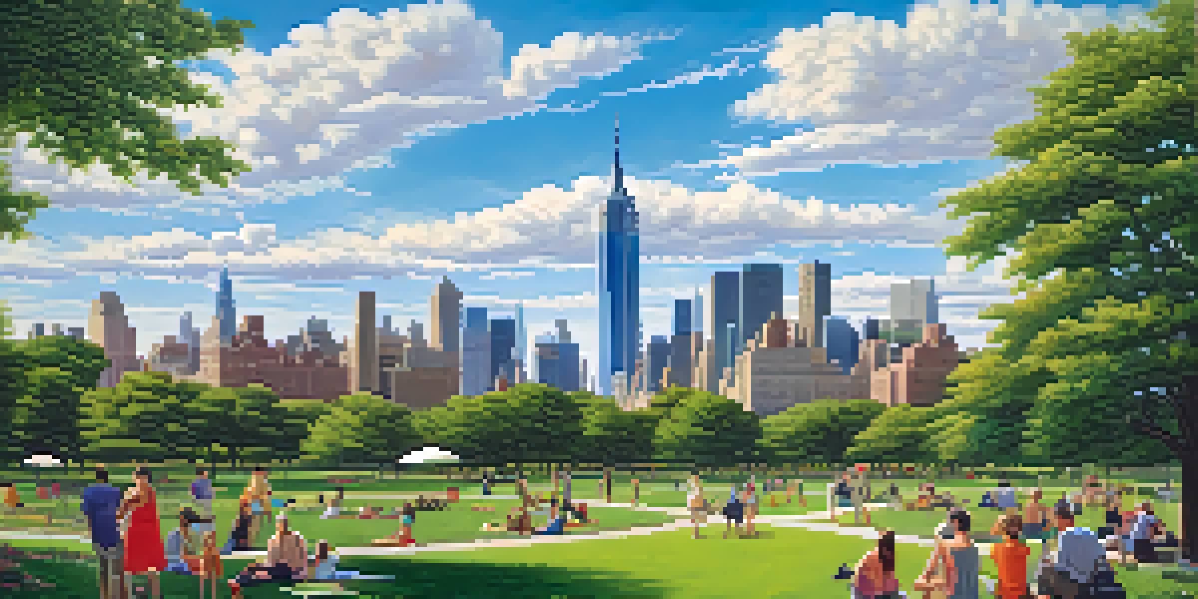 A panoramic view of New York City with skyscrapers and green parks, showing people enjoying the outdoors.