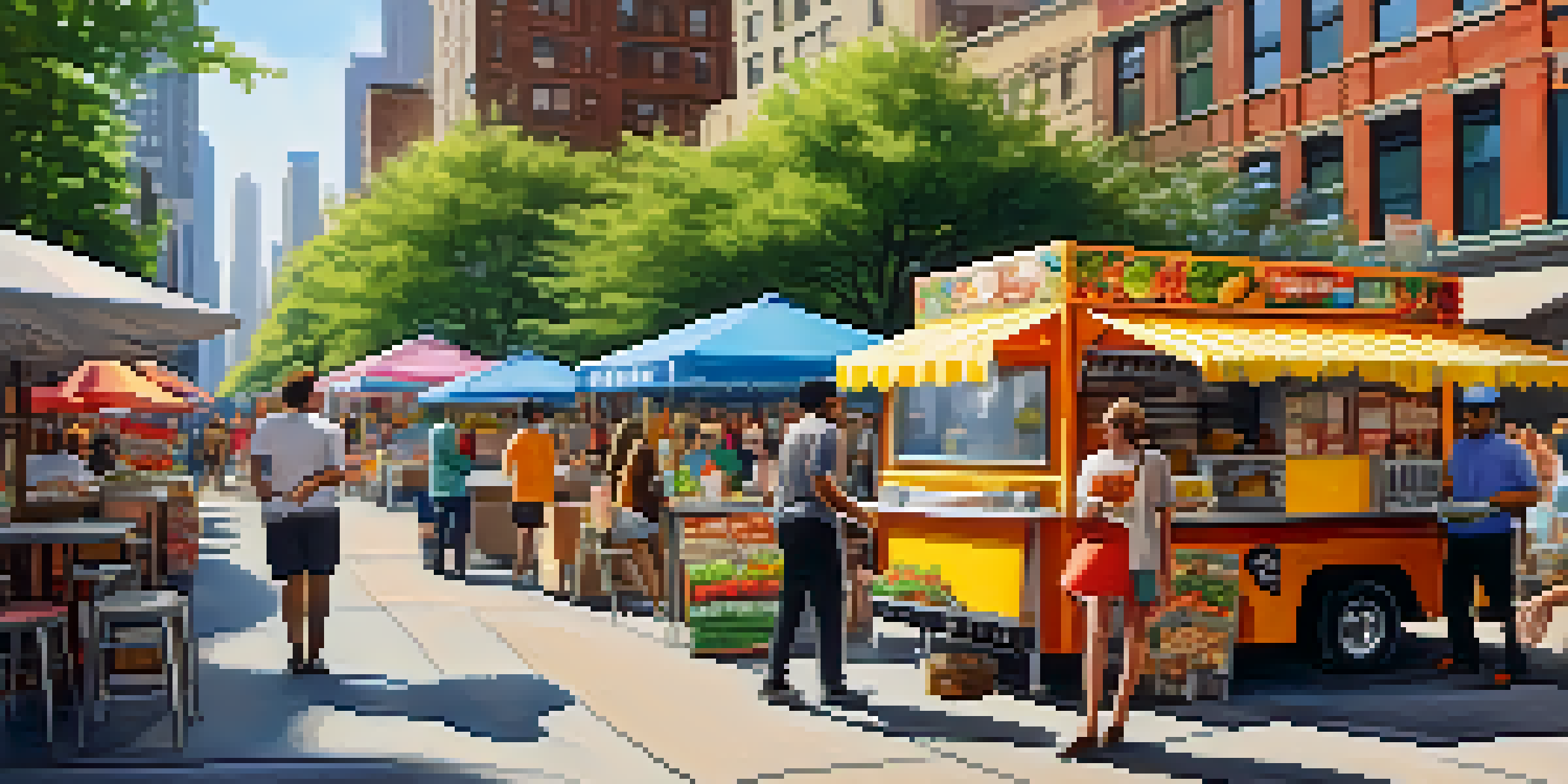 A vibrant street food scene in New York City with diverse food trucks and people enjoying various cuisines.