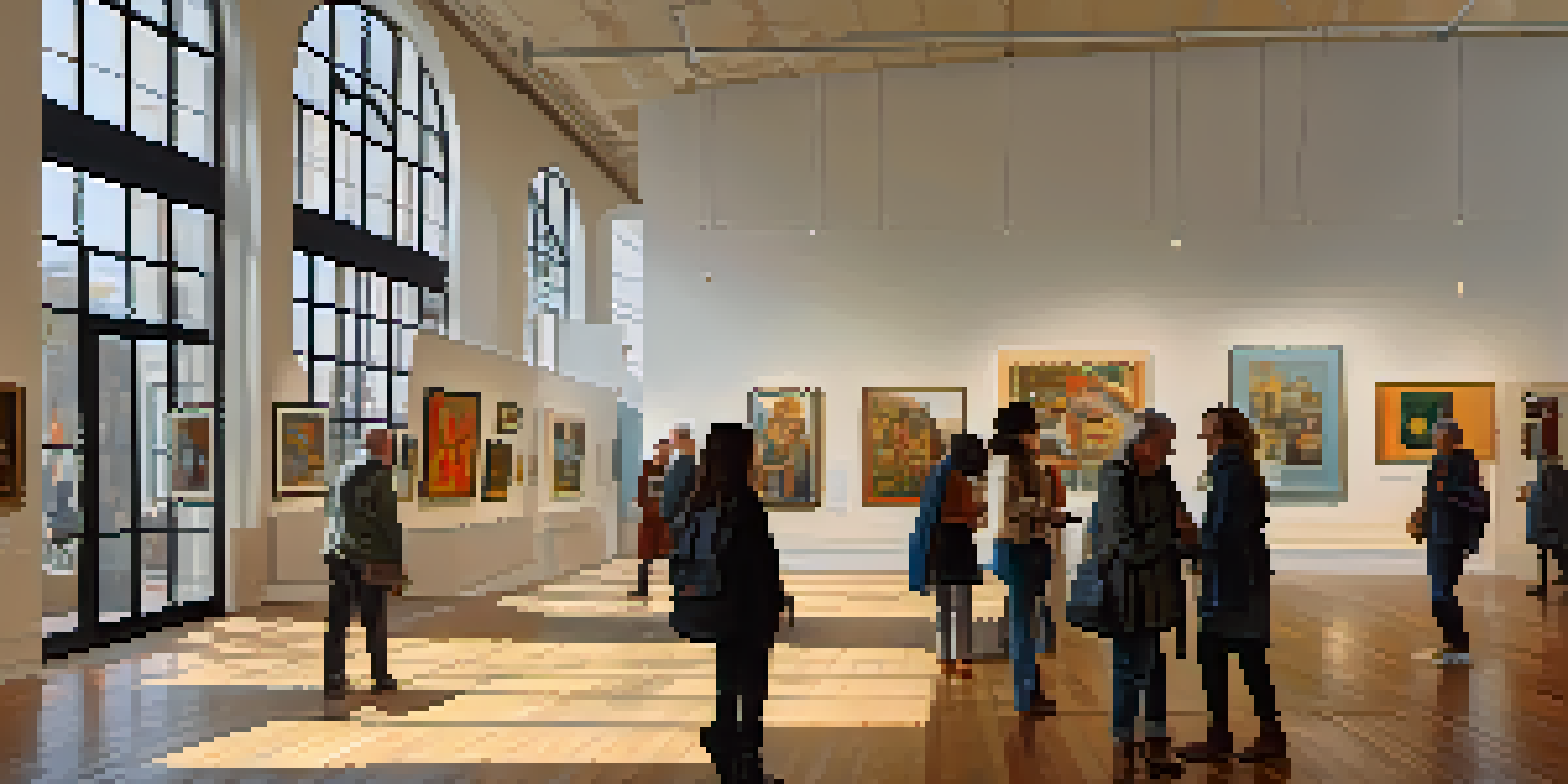 An art gallery with diverse artworks, illuminated by natural light, showcasing visitors interacting with the art.