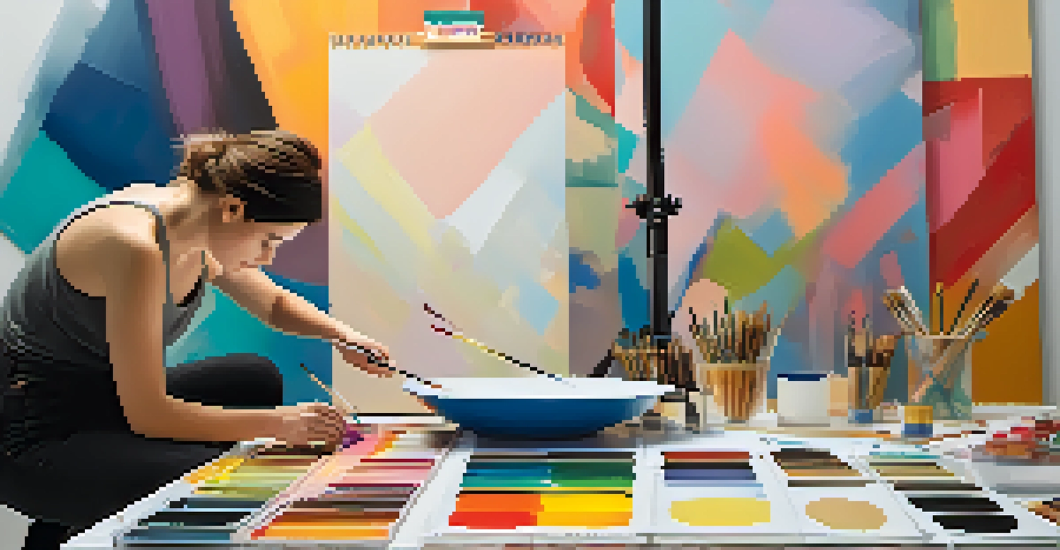 A close-up of an artist working on a large abstract painting in a studio, surrounded by art supplies and vibrant colors on the canvas.
