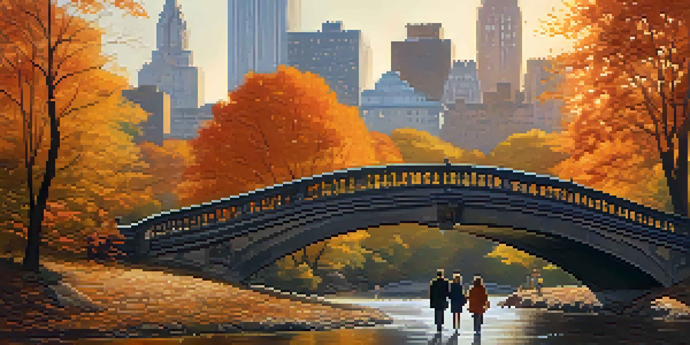 A couple walking through Central Park during autumn, surrounded by colorful leaves and a bridge in the background.