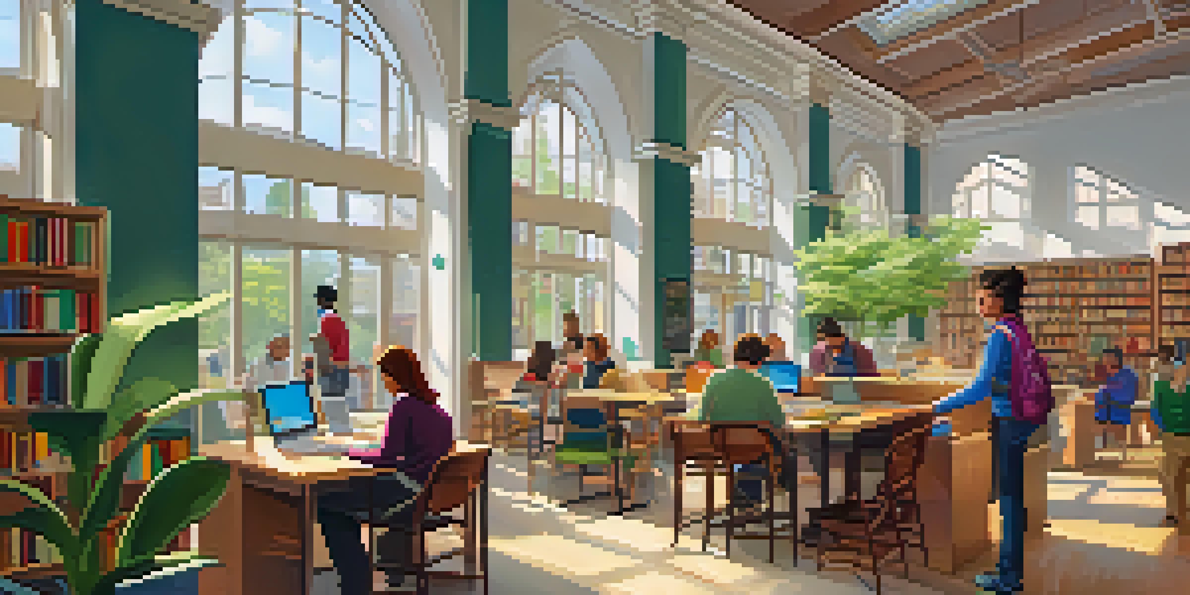 A busy library interior filled with diverse people reading, participating in workshops, and using computers, with bright natural light and colorful bookshelves.