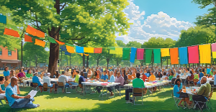 A diverse group of residents gathered in a park for a community meeting about crisis response, with a sunny atmosphere and colorful banners.