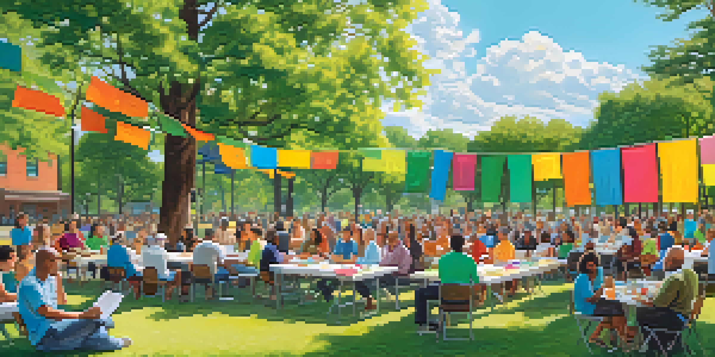 A diverse group of residents gathered in a park for a community meeting about crisis response, with a sunny atmosphere and colorful banners.