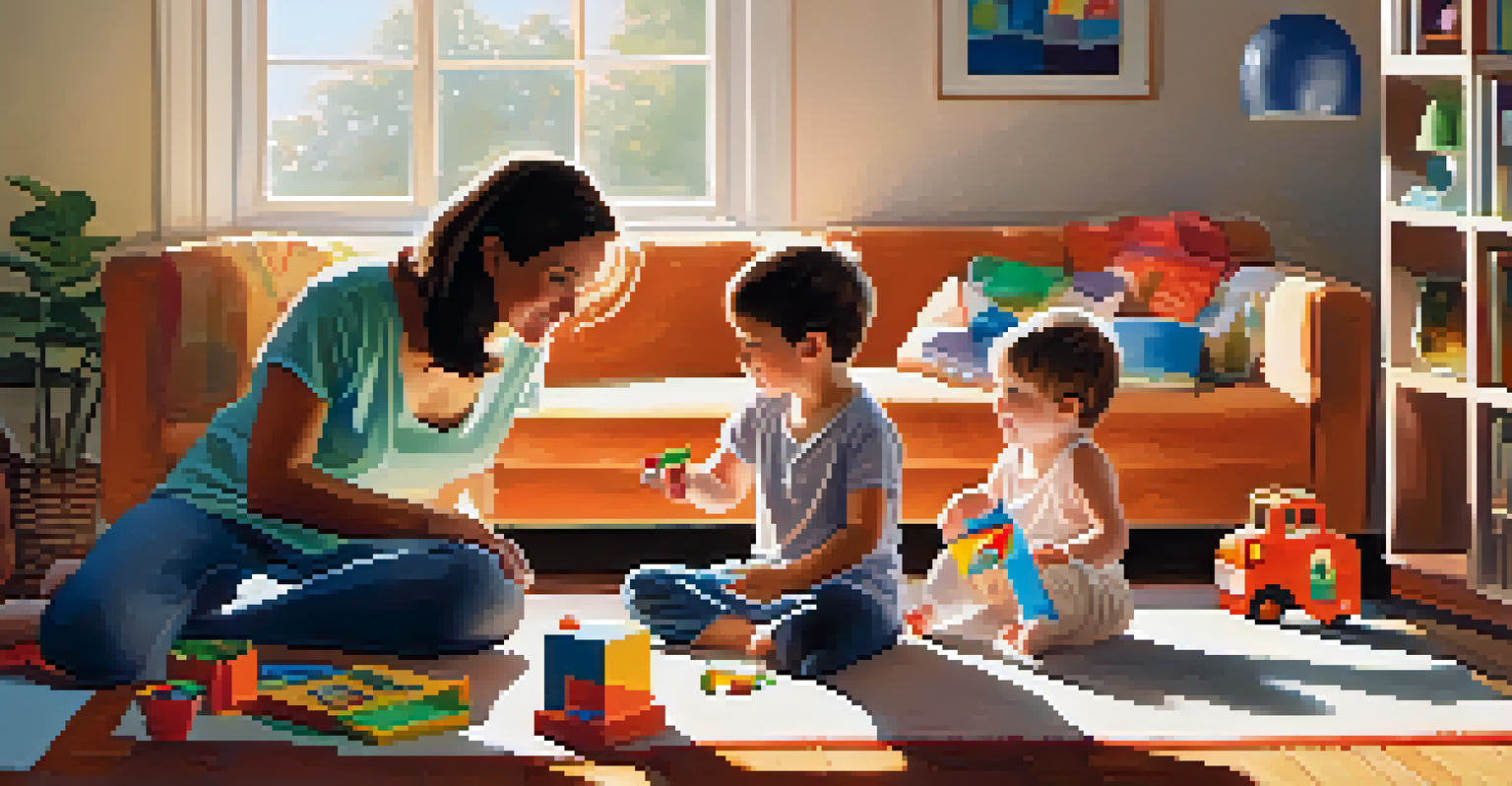 A family in a cozy living room engaging with their child in an educational activity, surrounded by toys and books, with sunlight streaming through the window.