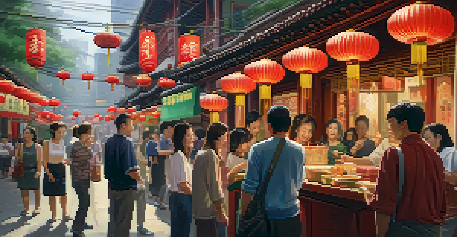 Tourists enjoying a food tour in Chinatown, gathered around a vendor selling dim sum with vibrant decorations in the background.