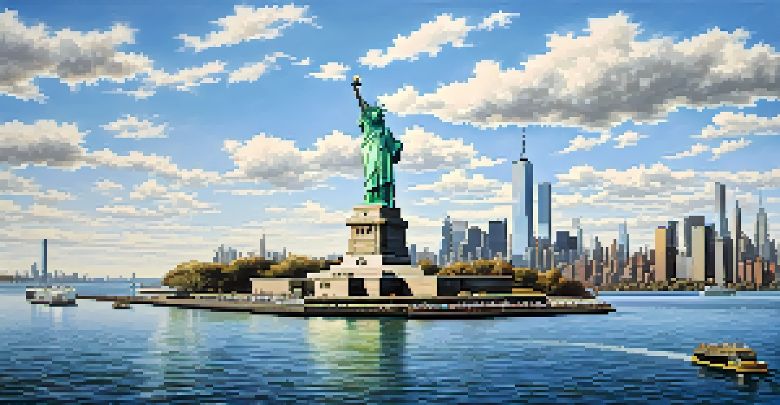 A scenic view of the Statue of Liberty from a ferry with families taking photos and the New York skyline in the background.