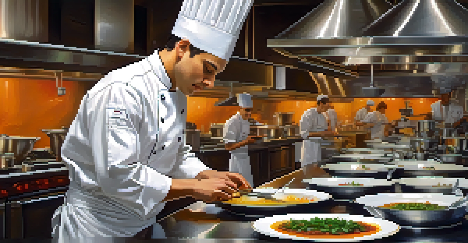 A chef plating a gourmet dish in a bustling restaurant kitchen, showcasing the artistry and intensity of culinary work.