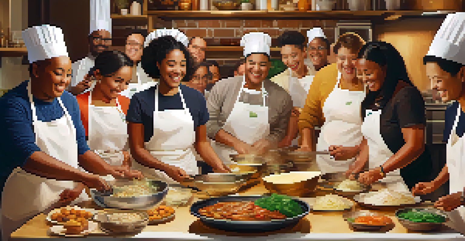 Participants from diverse backgrounds joyfully cooking together in a community kitchen, surrounded by ingredients in a warm and inviting atmosphere.