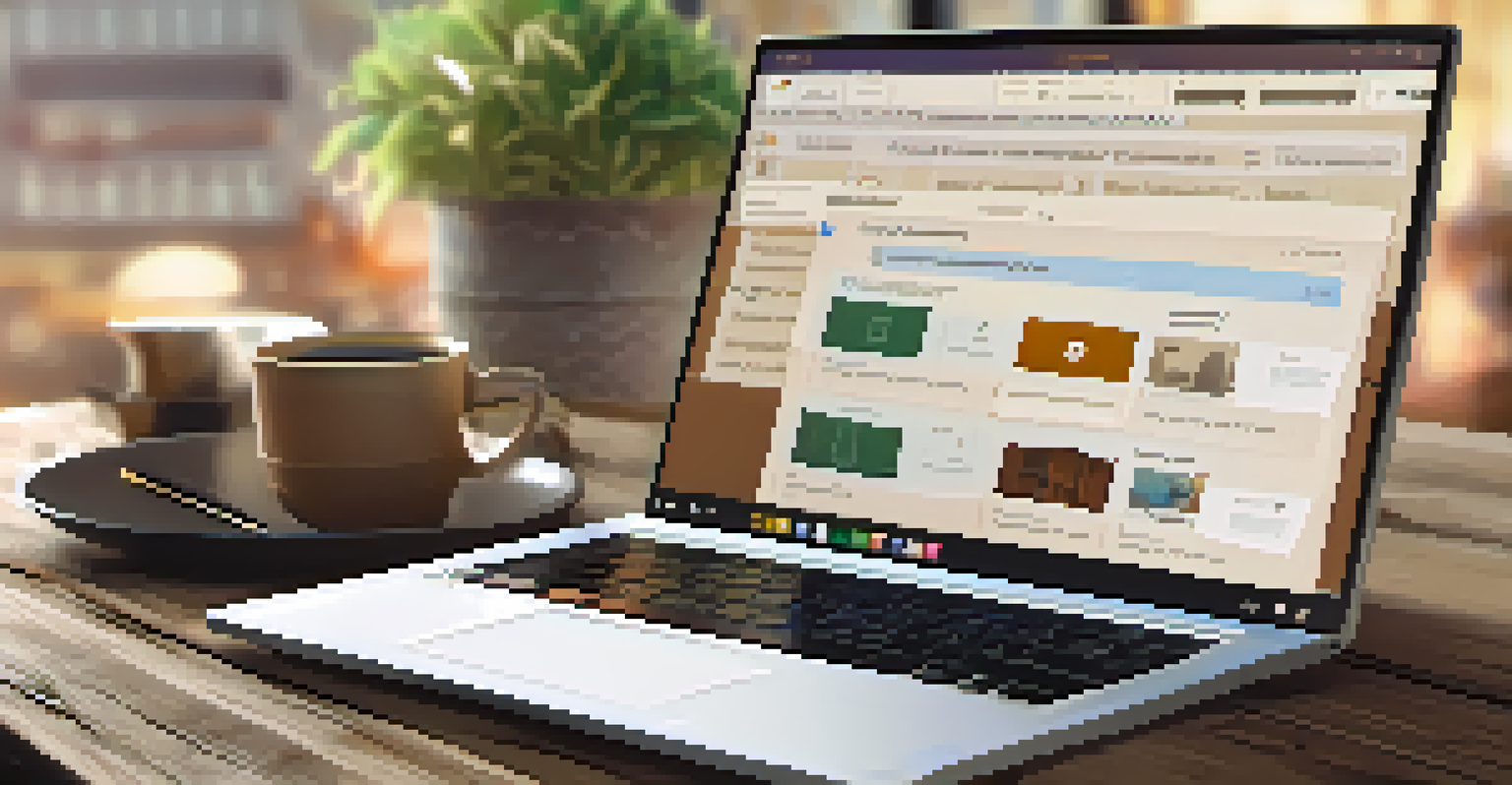 A close-up of a laptop screen showing a digital learning platform for upskilling and reskilling, with a coffee cup and notebook on a desk.