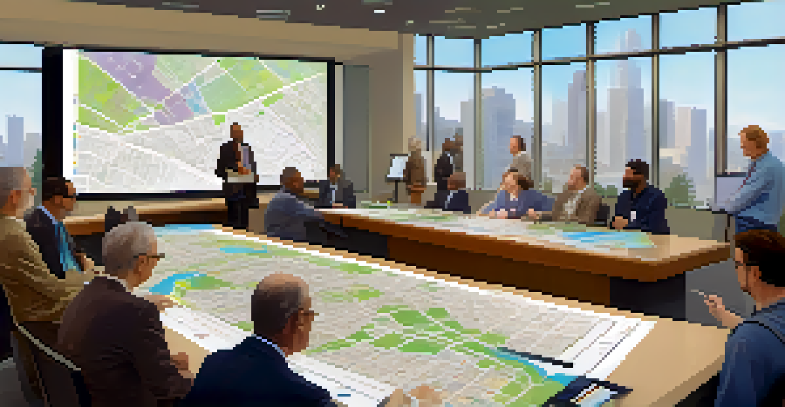 Residents participating in a city council meeting, discussing urban planning maps and blueprints around a large table in a well-lit room.