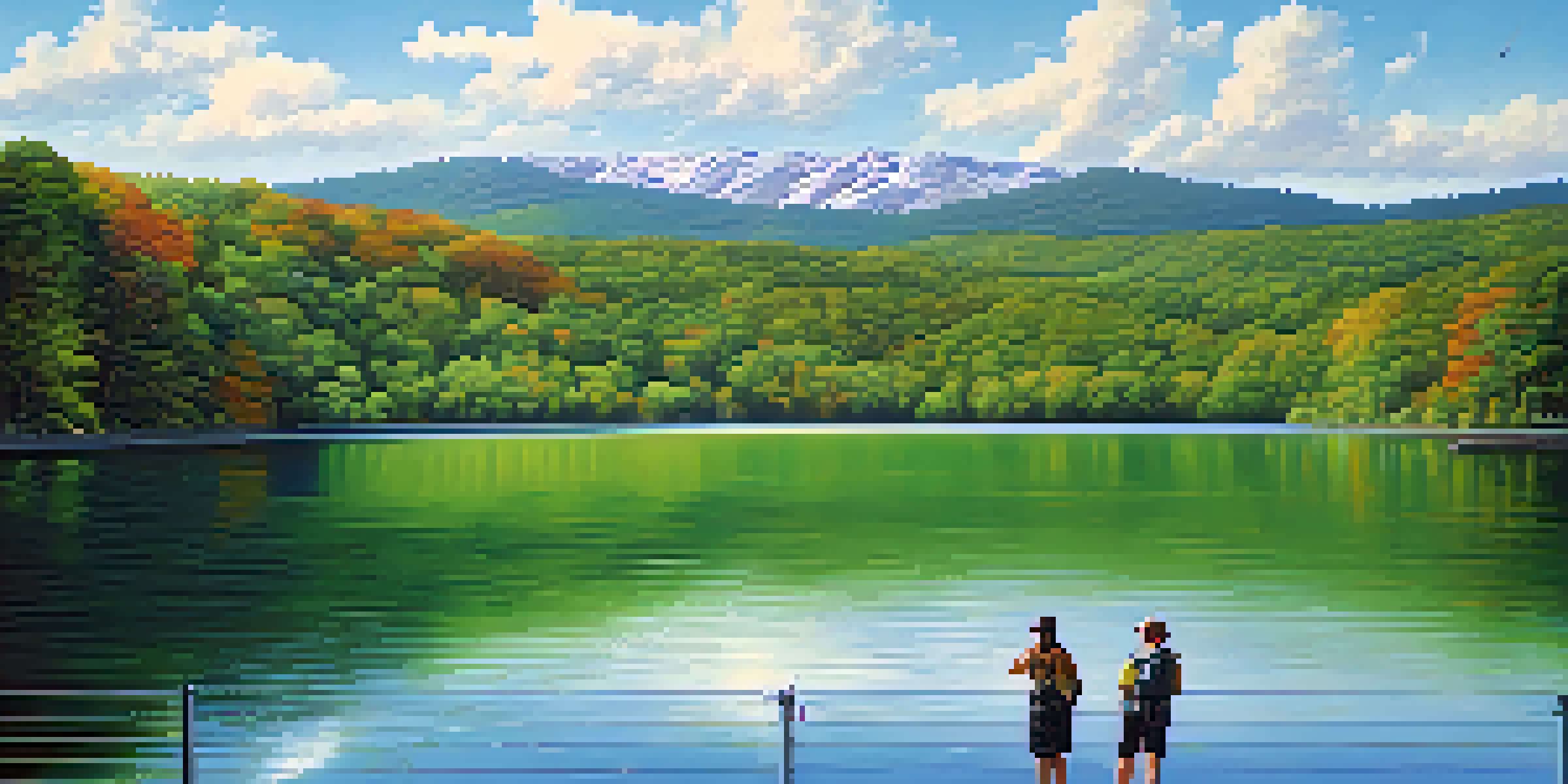 A panoramic view of a reservoir in New York with hikers and mountains in the background.