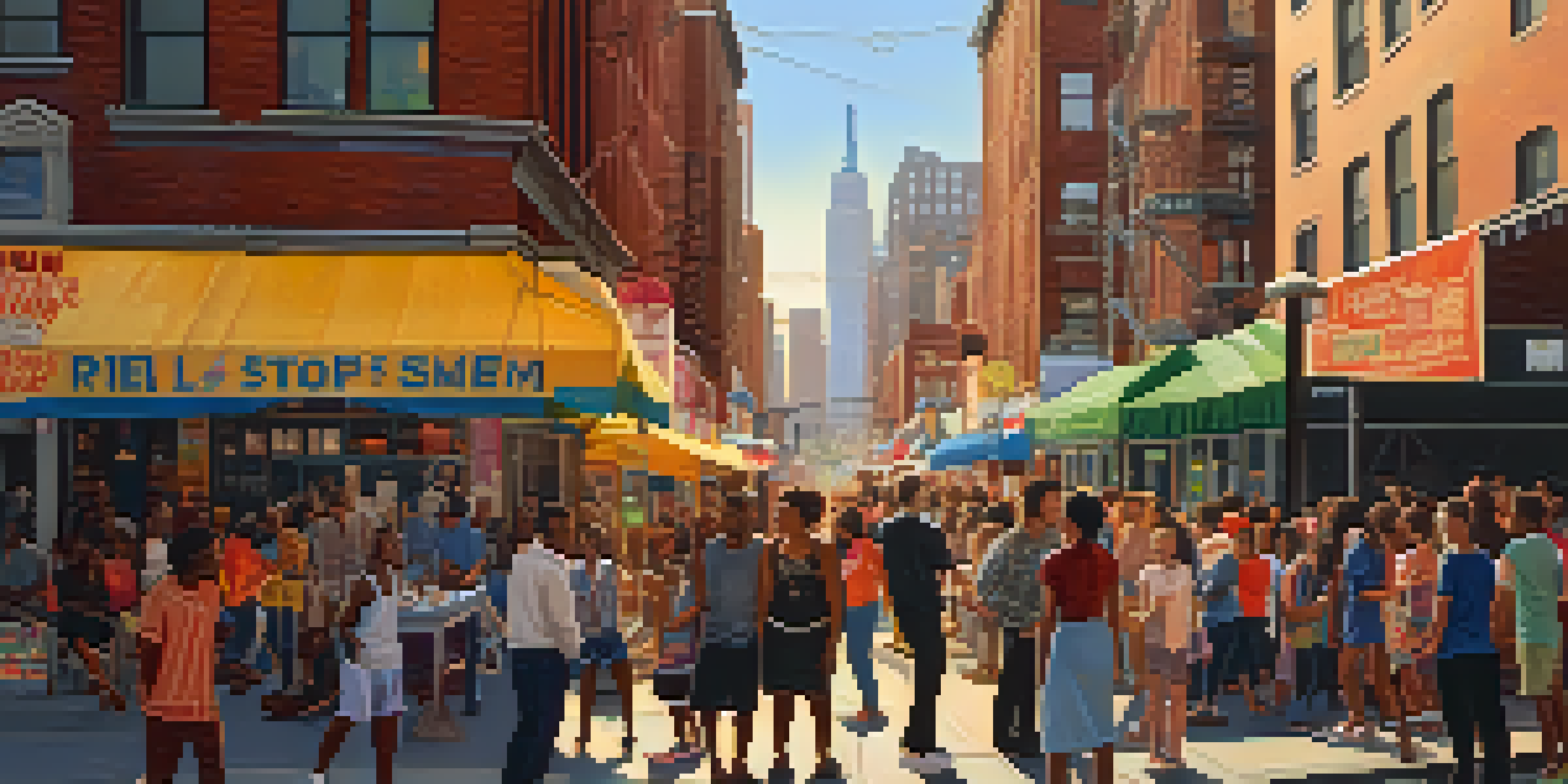 A diverse group of people discussing community issues in a vibrant New York City street, with colorful banners and street art visible.