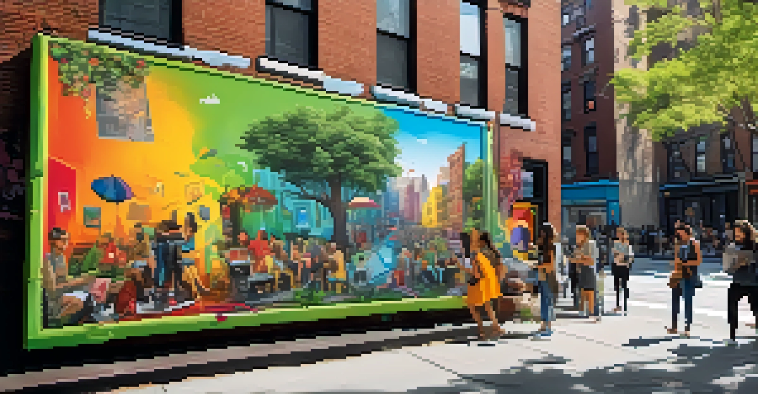 An interactive street art installation in the East Village, showcasing whimsical illustrations and augmented reality features amidst an urban setting.