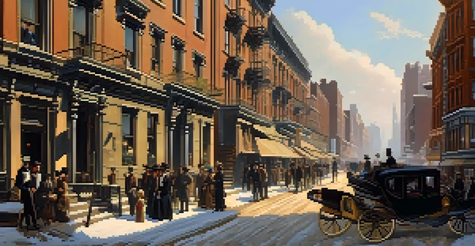 A bustling street in New York City during the Gilded Age, displaying opulent mansions and dilapidated tenements, with people in period attire.