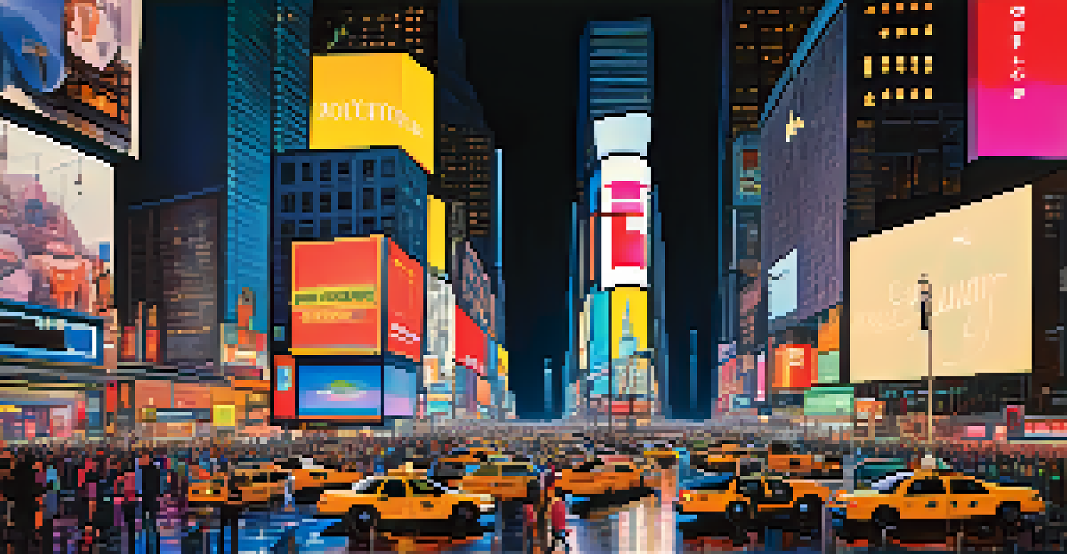 Aerial view of Times Square at night, showcasing bright neon lights and busy streets filled with people and taxis.
