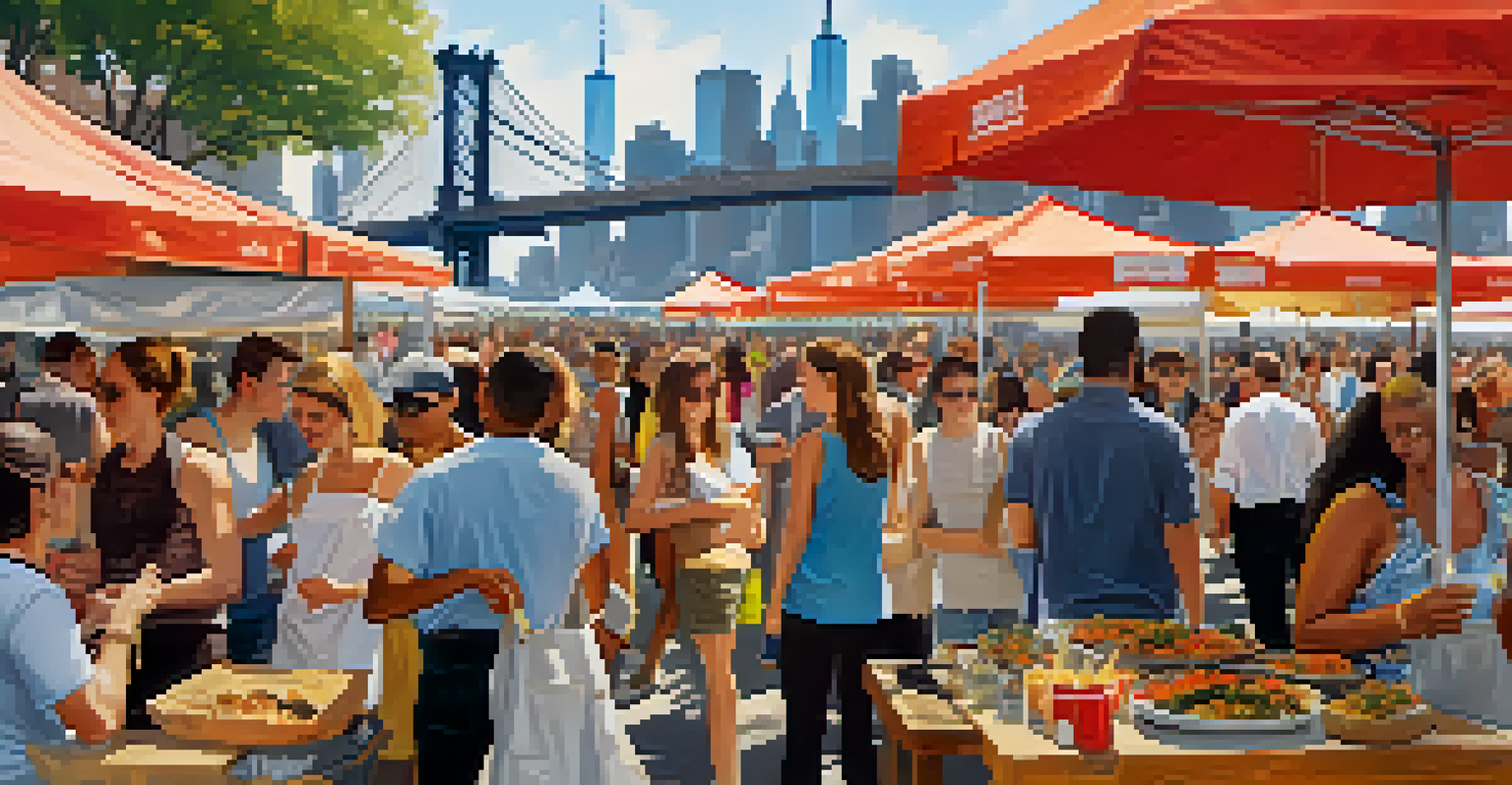 Visitors enjoying various food stalls at Smorgasburg in Brooklyn Bridge Park with waterfront views.