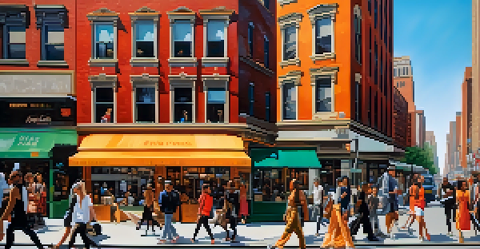 A vibrant street scene in New York City with diverse individuals in fashionable clothing, surrounded by iconic architecture.