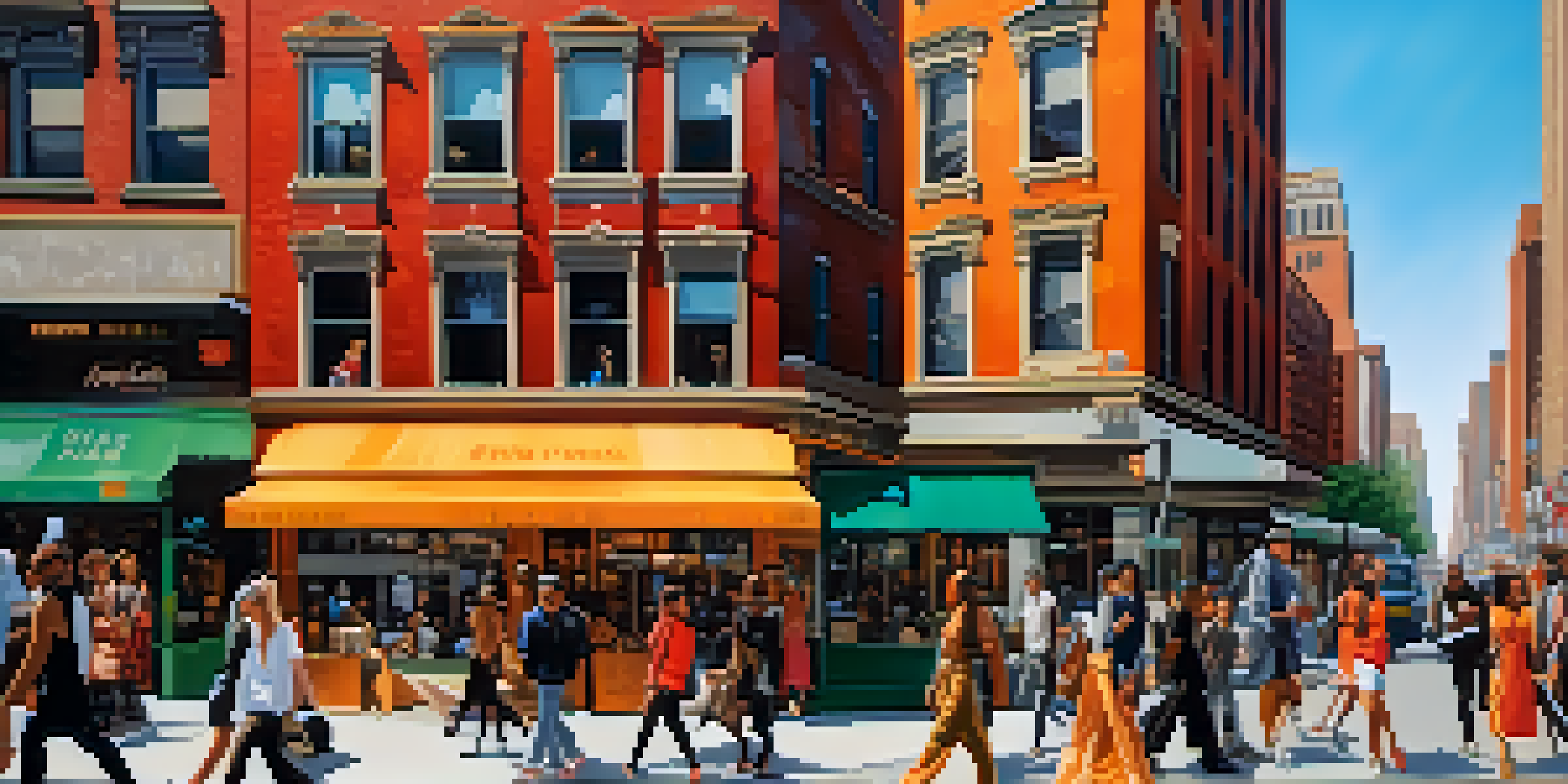A vibrant street scene in New York City with diverse individuals in fashionable clothing, surrounded by iconic architecture.
