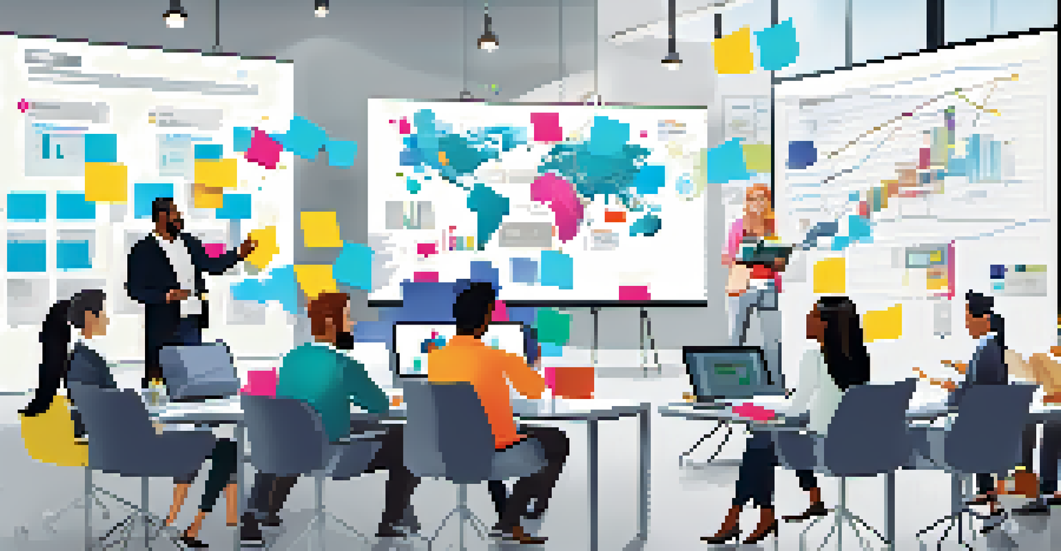 A diverse group of professionals in a modern office discussing social media marketing strategies with analytics displayed on a screen.