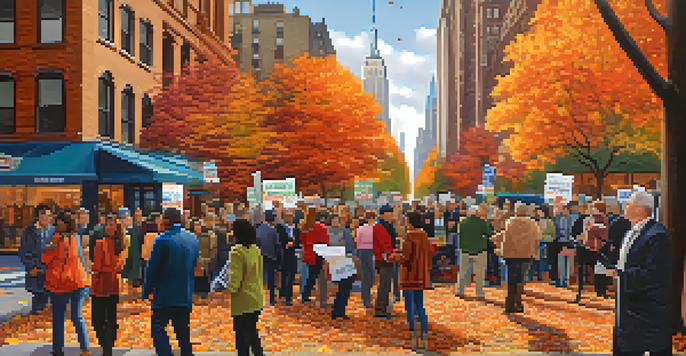 A lively New York City street with diverse people discussing local elections and holding campaign signs, surrounded by iconic buildings and autumn leaves.