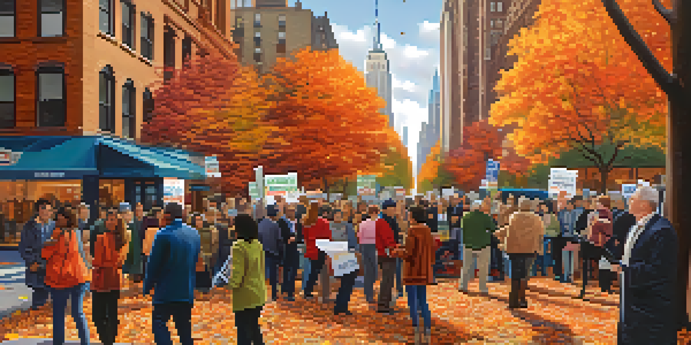 A lively New York City street with diverse people discussing local elections and holding campaign signs, surrounded by iconic buildings and autumn leaves.