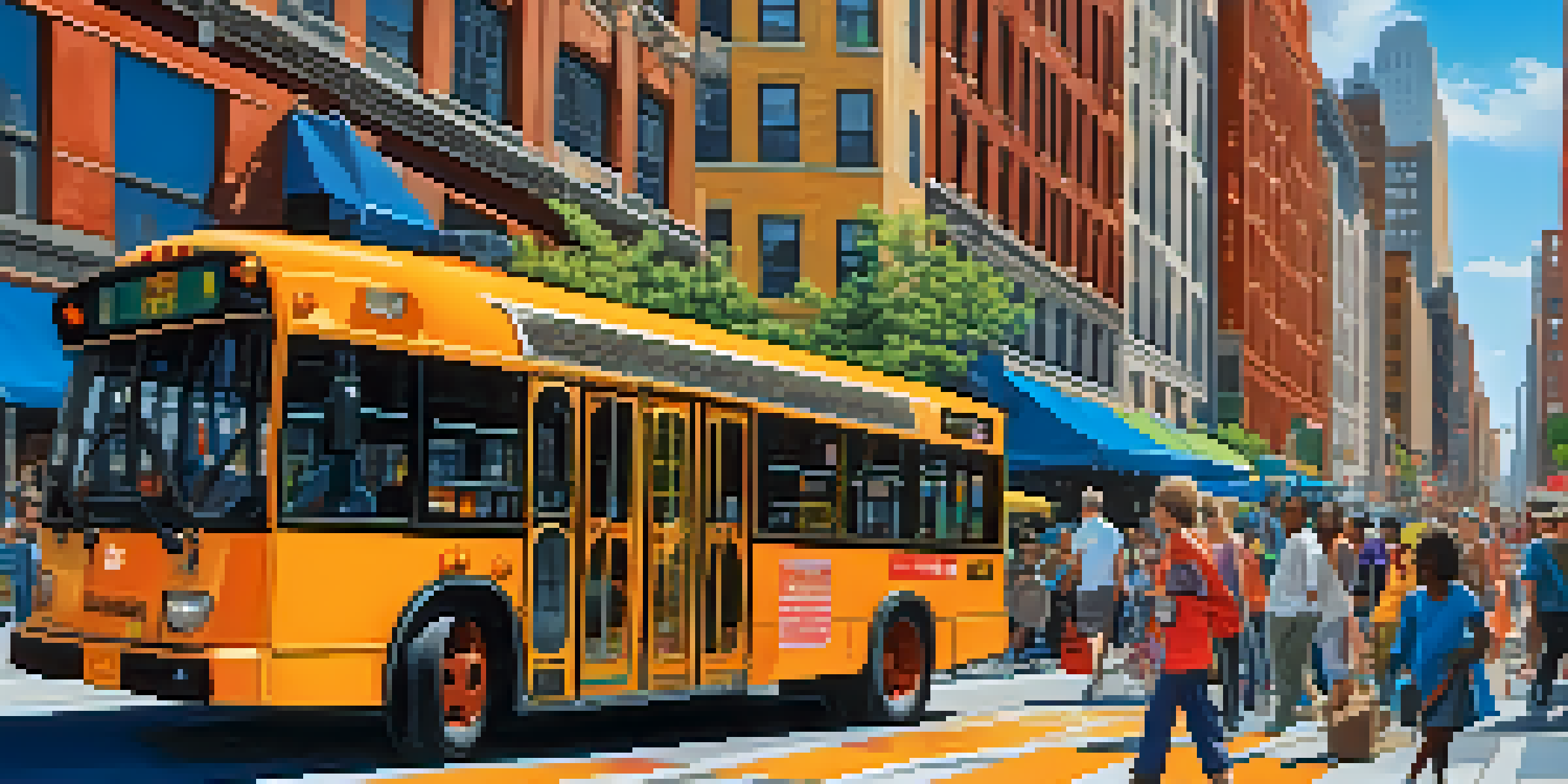 A modern accessible bus with a ramp lowered for a wheelchair user on a busy New York City street, surrounded by pedestrians and iconic buildings.