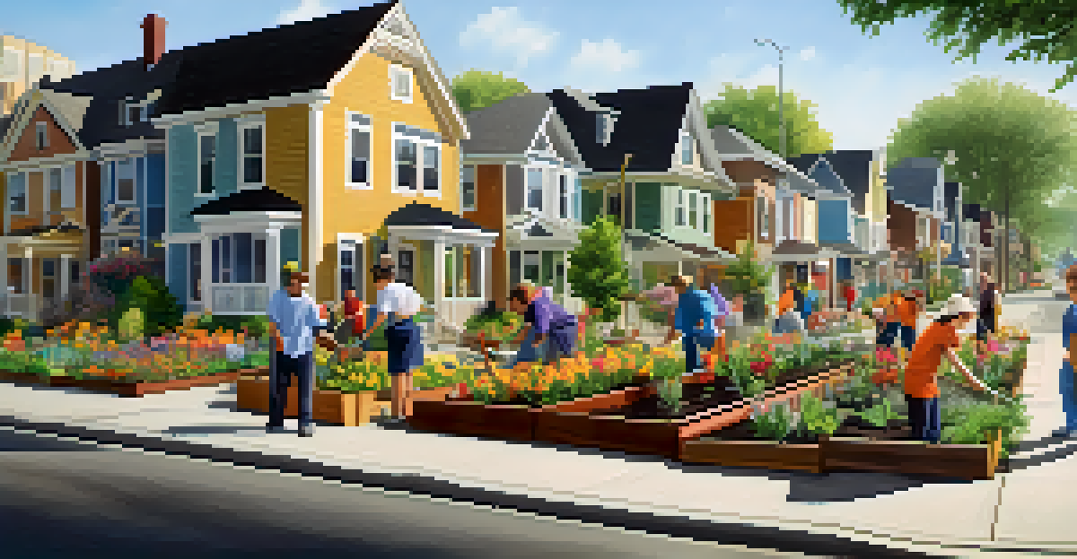 Residents collaboratively planting flowers along a street, with colorful houses in the background, demonstrating community teamwork.