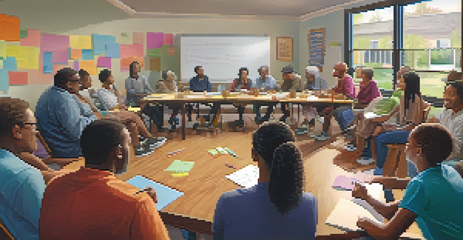 A community meeting with diverse residents around a table, discussing ideas with a whiteboard in the background, in a warm-lit room.
